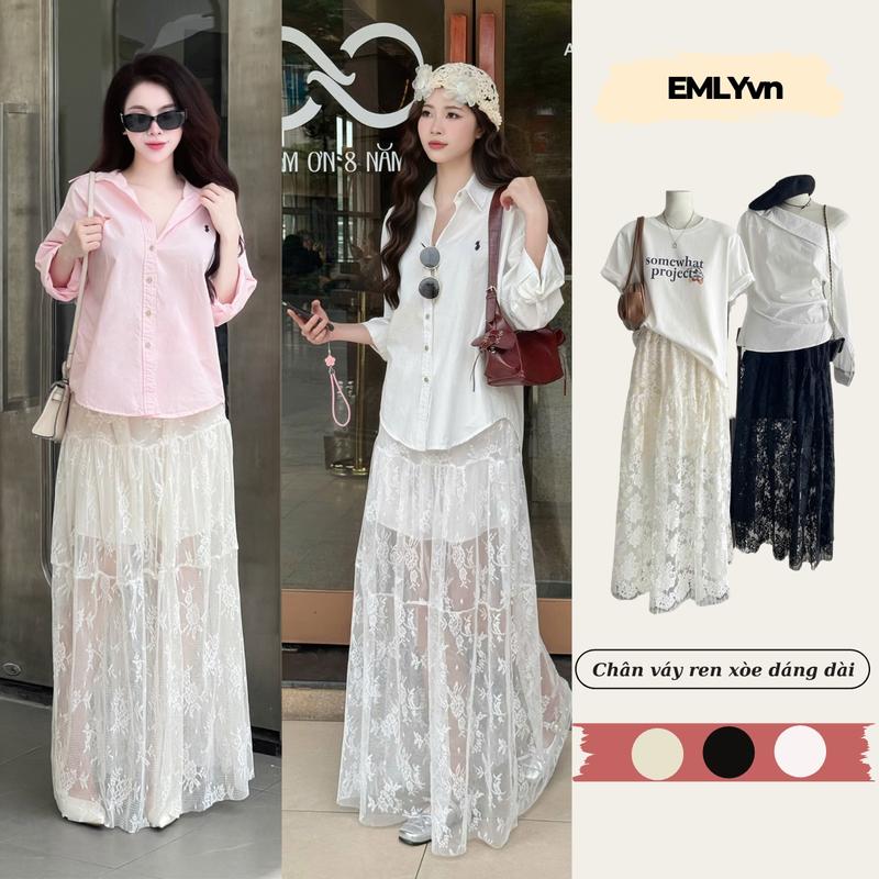 EMLYvn - Váy Ren Hoa Dáng Dài Maxi Chân Váy Ren Tầng Chân Váy Ren Hoa Tiểu Thư Hàn Quốc