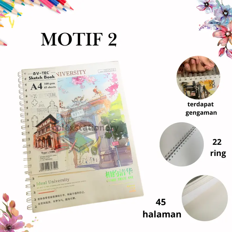 [1 PC] Buku Sketch Book Gambar / Buku Menggambar Sketsa Spiral Aesthethic Ukuran A4 Isi 45 Lembar 100 Gsm Vtec 2