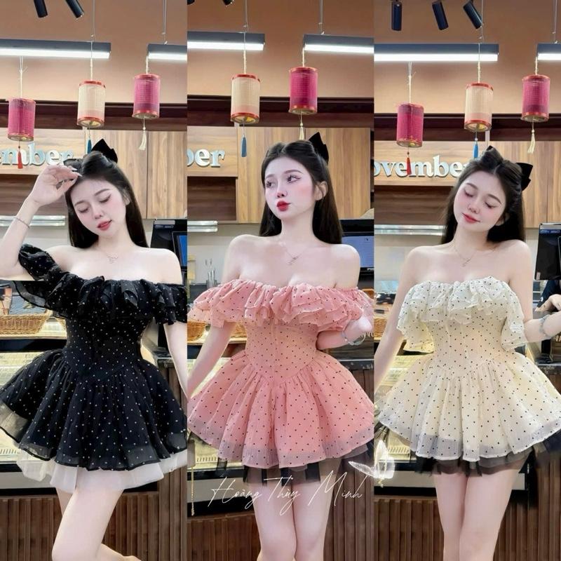  K5- SALE XÃ KHO CUỐI NĂM  Váy Bẹt Vai Hoạ Tiết In Trái Tim Bồng Xoè Phối Lưới CÓ MÚT KÈM QUẦN -HoangThuyMinh97 