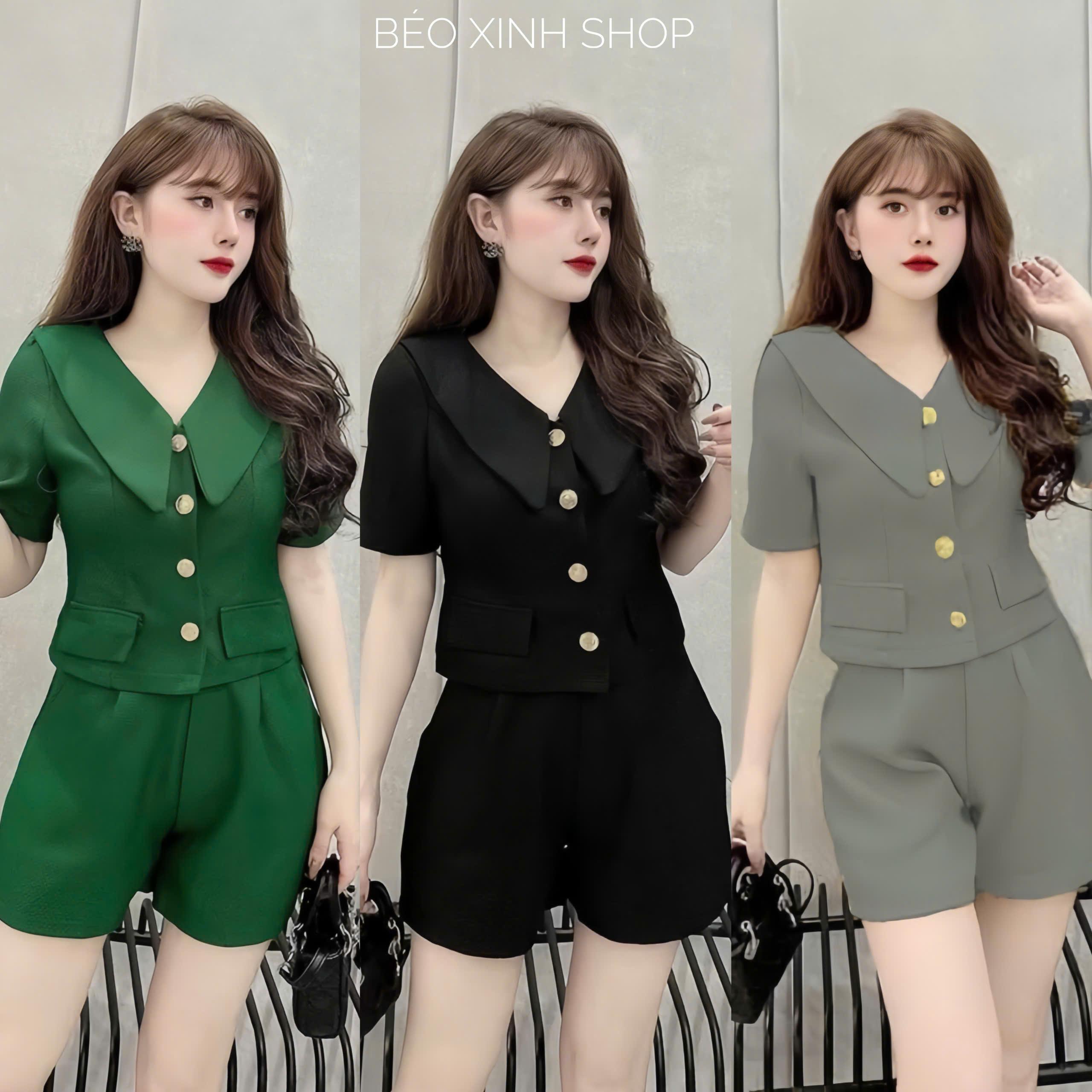 Thời Trang Bigsize Set Quần Đùi Áo Cổ Tim Phối Nút Vải Cotton Lạnh 40 - 95Kg Dễ Thương Top Nữ Đen Women - A.1534