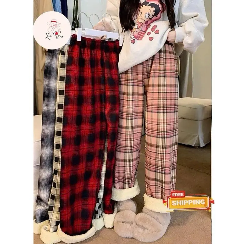 Quần Nỉ Ống Rộng Lót Lông 172 Women Pants Phối Kẻ Thời Trang Thu Đông Hot Trend Cho Nữ