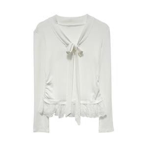 Korean-style Pretty Bowknot Women's T-shirt, white inner wear as a base layer, women's long-sleeved tops for autumn and winter, Korean-style outfit with unique lace-trimmed long-sleeved T-shirt 3890 Womenswear Basic Casual Fitted Longsleeve Vneck