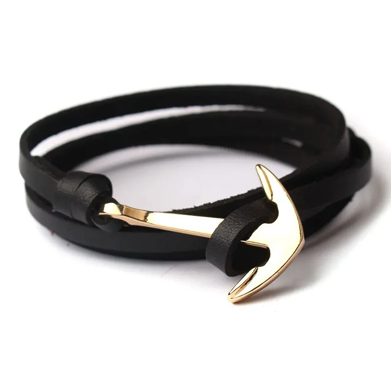 Alloy Multilayer Leather Friendship Stainless Steel Anchor Bracelet Black Adjustable