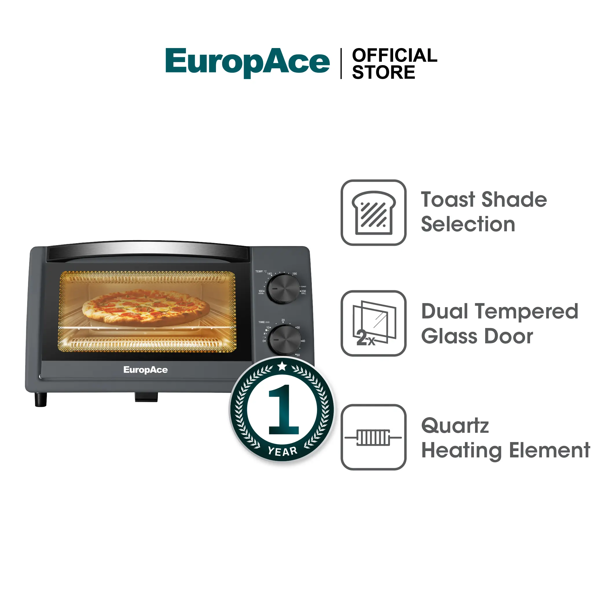 EuropAce | 10L Compact Toaster Oven with Toast Shade Selection | ETO2103DGY