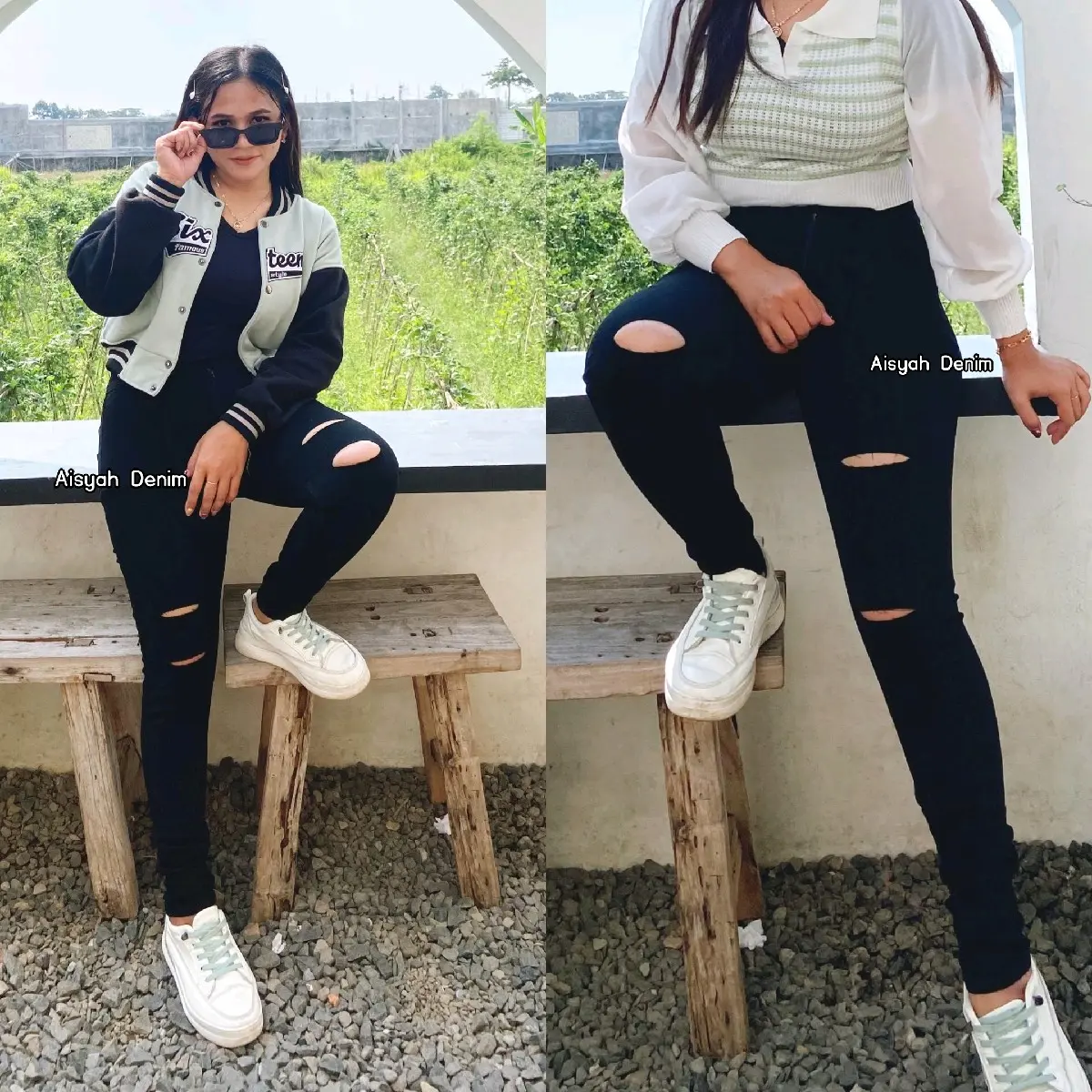 celana jeans highwaist hitam sobek Santai Slim-fitting Hitam Nyaman Wanita Vintage Skinny celana wanita daily remaja Melar Tebal