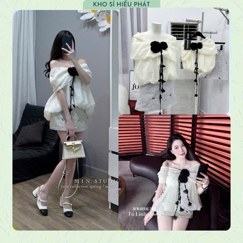  Set Áo Trễ Vai Tay Bồng Đính Hoa Đen Dây Nổi Chân Váy Dạ Thêu Nơ Xám Sang Sịn - by Hp 