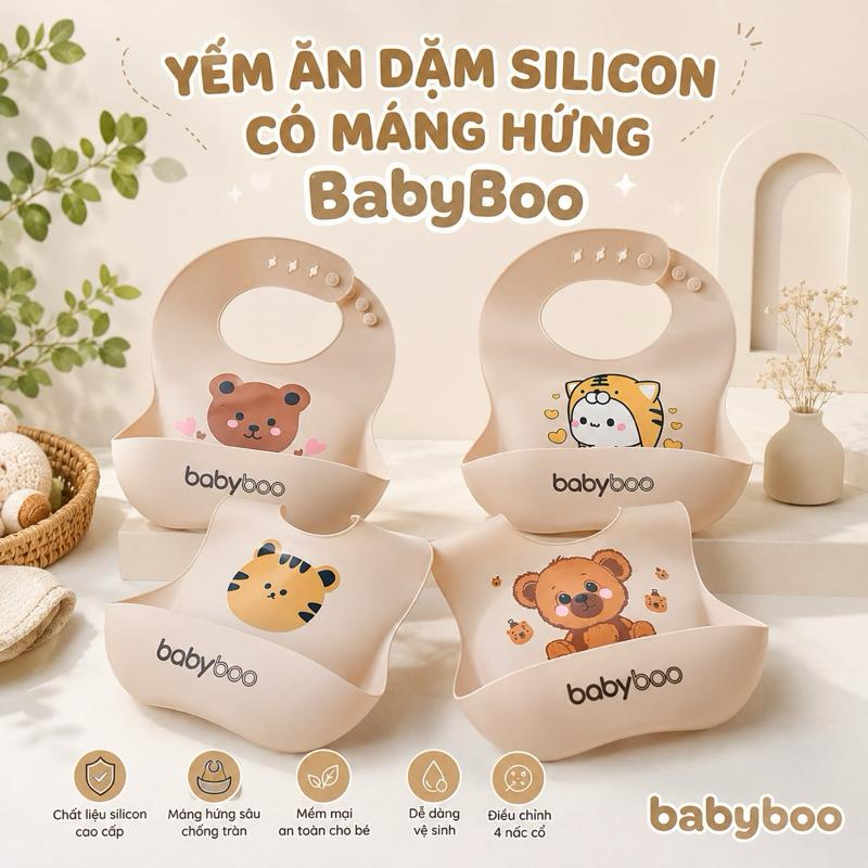 Yếm ăn dặm silicon có máng hứng nhãn hiệu BabyBoo - Chất liệu silicon cao cấp,…