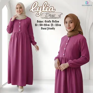 Gamis Lylia Dress Crinkle Airflow Muslim Syari Model Kancing Lengan Kerut Busui Frienly