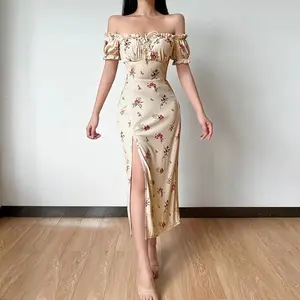 7836 Gaun malam terbuka vintage Elegant long dress seksi Gaun bertambah lebar summer dress floral Buka baju kung fu Pas Body wanita kekinian  pantai Gaun bertali