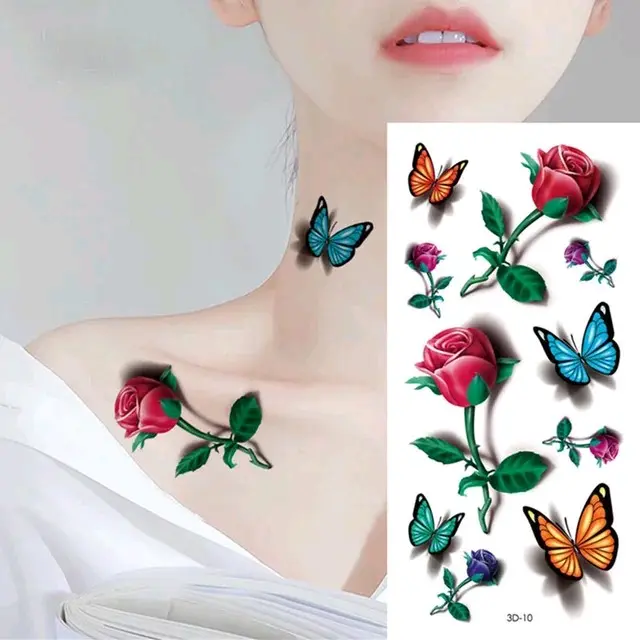 Sticker Stiker Tato Temporer Wanita Tattoo Tatto Temporary - Tatoo Tahan Sementara Anti Air Seri QC-609 Model Bunga Mawar  Kering Merah Tubuh Kupu-Kupu