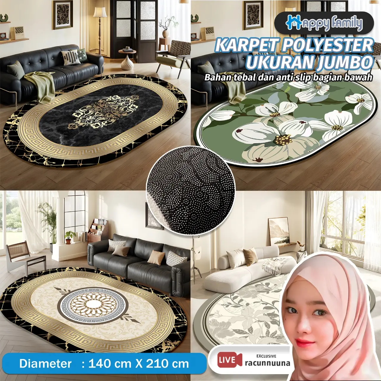 (HF) X Racunnuuna Karpet Bundar Polyester UK 140x210CM Motif Eropa PREMIUM Anti Slip HIGH QUALITY