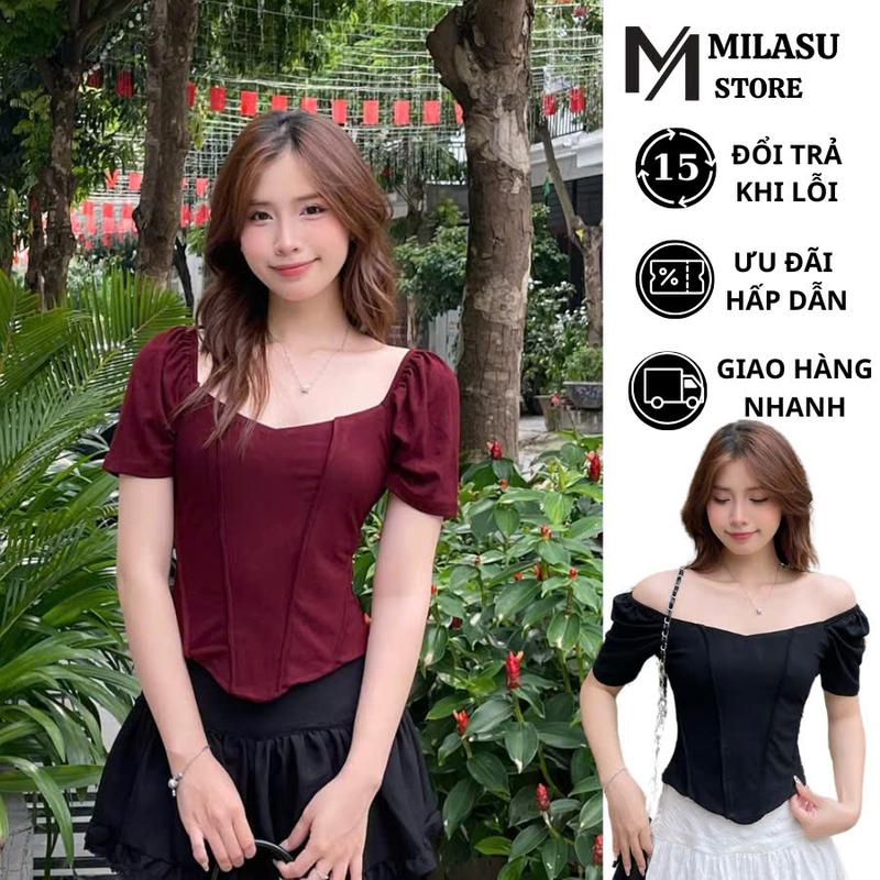 Áo Thun Cổ Vuông Tay Phồng Sang Trọng MILASU Áo Ôm Body Cổ Vuông Quyến Rũ 418