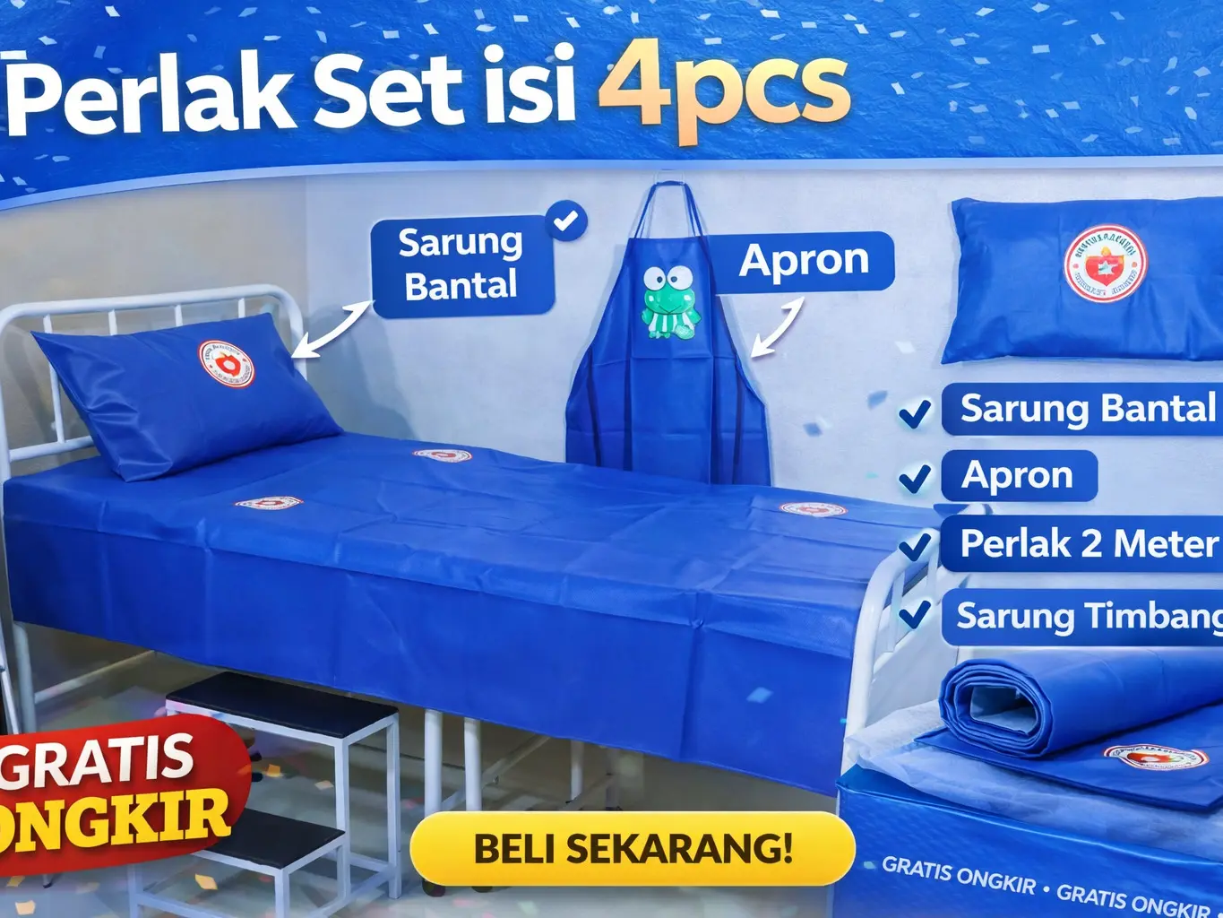 PAKET BUNDLING 4PCS (ISI PERLAK 2M,SARBAN,CELEMEK,SARTIM) PERLAK WATERPROOF JUMBO, PERLAK MEDIS, PERLAK DEWASA, PERLAK LANSIA, PERLAK DOKTER BIDAN RS/KLINIK TERMURAH