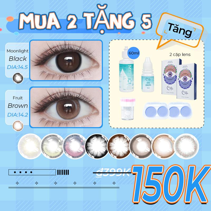 [mua 2 tặng 5] Kính áp tròng Mysticeyes, 0 độ, DIA 14.0-14.5mm; 2 cặp lens + 1 nước ngâm lens 60ml + 1 nước nhỏ mắt + 1 máy rửa lens + 2 khay đựng lens