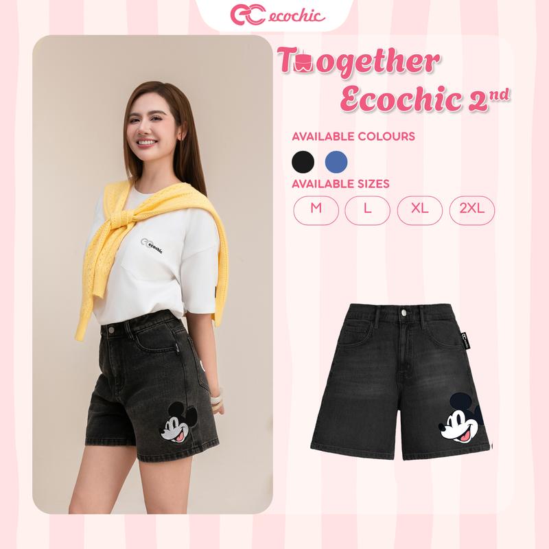 Quần Short Jean Mickey ECOCHIC Cạp Cao Năng Động Chất Jean Cao Cấp Đứng Form JD02