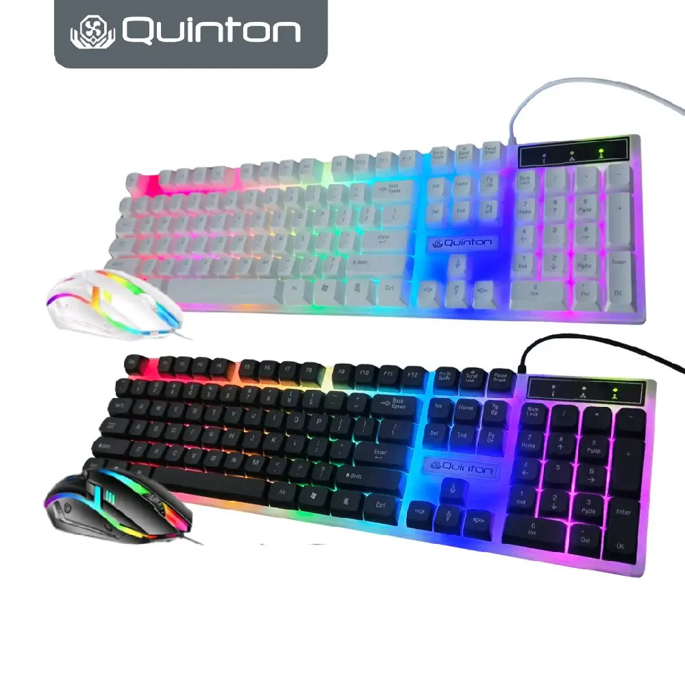 Quinton T350 Keyboard Combo Mouse Set USB Kabel Gaming Full Size 104 Key LED RGB Mechanical Feel untuk PC Laptop Hitam - Windows, ABS Plastic, 1000 DPI, Plug & Play - Lampu