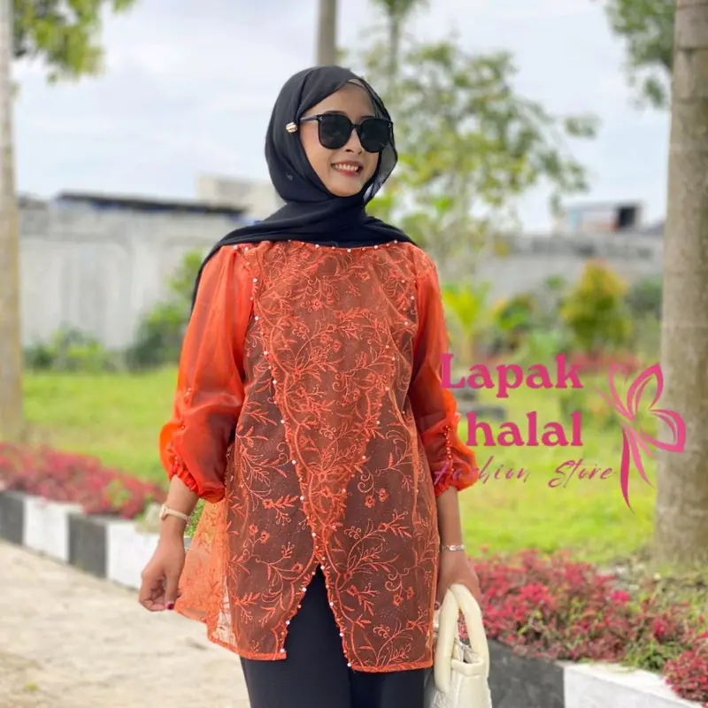 Baju Kondangan Wanita Outer Brokat Silang Mix Organza Lengan Balon Karet Full Payet Mutiara - Muslim Cantik 2