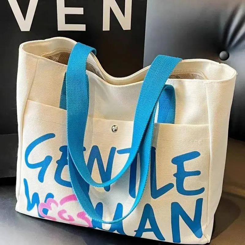 Letter canvas bag, women's large capacity new college student class tote bag, single shoulder commuting tote bag