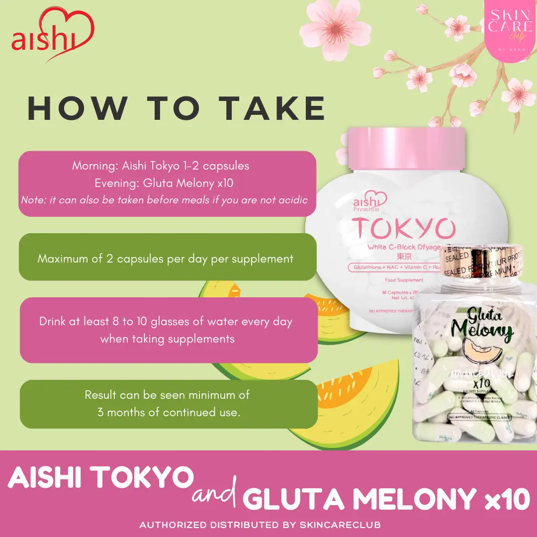 Aishi Tokyo Japan White C-Block Glutathione + Gluta Melony x10 Advanced Whitening Set 60 Capsules Brightening Supplement for Skin Glow Even Skin Tone and Daily Beauty Care Formula
