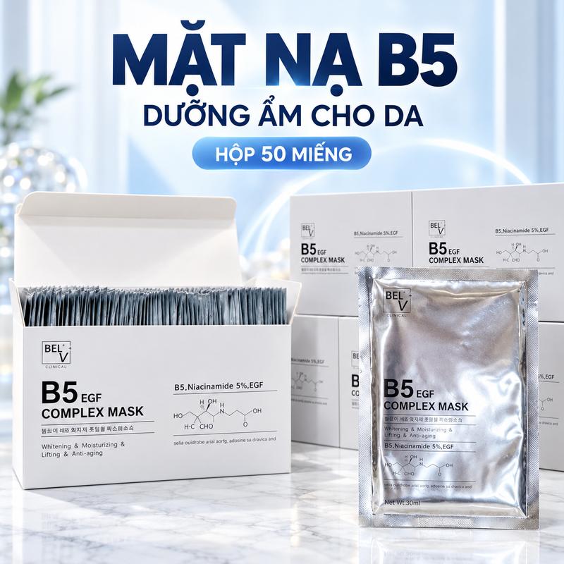 Mặt Nạ B5 BEL V Hộp 50 Miếng, Mặt Nạ Dưỡng Ẩm Da Mặt, Hỗ Trợ Cấp Ẩm Cho Da Khô Thiếu Ẩm, Giúp Da Mềm Mại Mịn Màng Căng Mướt, Mặt Nạ Đắp Mặt Skincare Chăm Sóc Da Tại Nhà Cho Nam Và Nữ