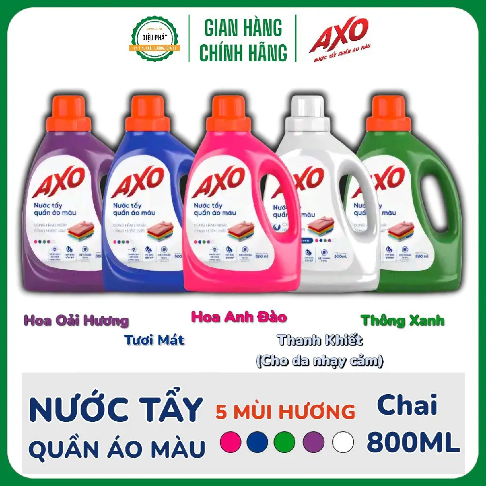 Nước Tẩy Làm Sạch Quần Áo Giữ Màu AXO Hương Hoa Đào, Tươi Mát, Thông Xanh, Oải Hương, Cho Da Nhạy Cảm Chai 800ML