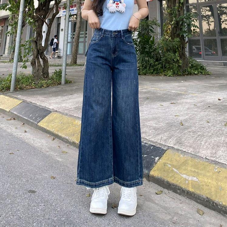 QUẦN JEAN NỮ QCCC ỐNG XUÔNG MÀU XANH ĐẬM CHẤT KHÔNG CO GIÃN MÀI GẤU THỜI TRANG 102