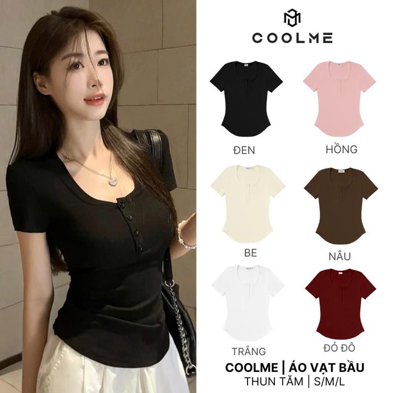 Áo Thun Coolme Vạt Bầu Ngắn Tay Ôm Body  Có Cúc Cổ Cúp Ngực Chất Thun Tăm Mềm Mịn Cổ Tròn