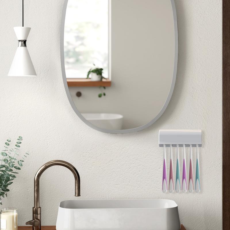 Product Introduction of Wallmount Toothbrush Holder with Cover for Shower, RV Cabinet Organizer, Plastic Self Adhesive 6 Slots Tooth Brush Hanger Compatible with Oral-B CrossAction, Colgate Extra Clean 11