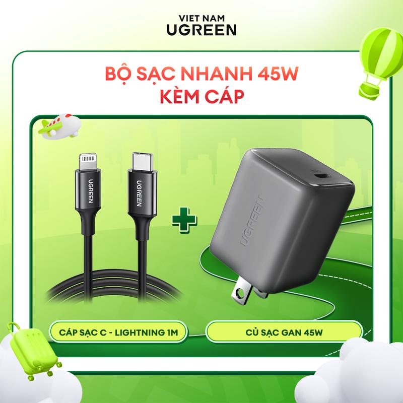  Bộ sạc nhanh Ugreen 45W | Kèm cáp USB-C to USB-C  Cáp USB-C to Lightning |  Công nghệ GaN | Sạc nhanh PD QC | Bảo hành 18 tháng 1 đổi 1 