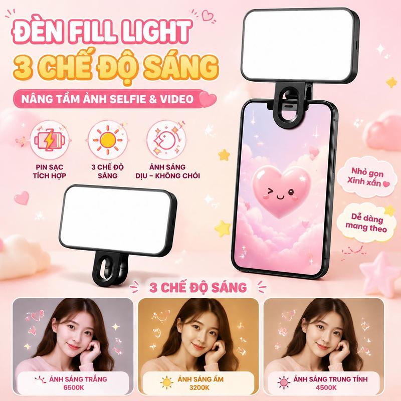 Đèn Led Selfie Mini Cầm Tay 3 Chế Độ Sáng, Phụ Kiện Trợ Sáng Chụp Ảnh, Quay…