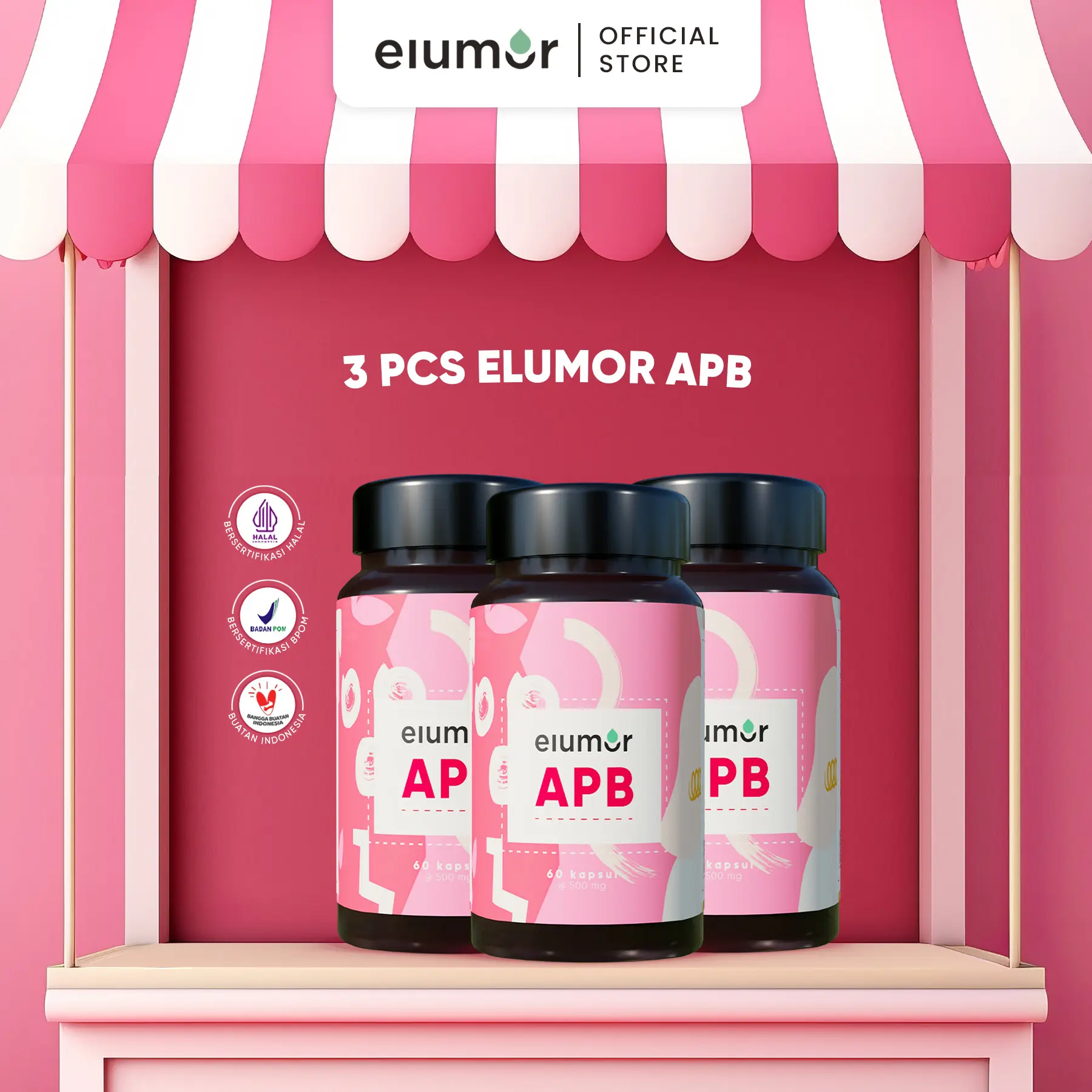 Paket 3 ELUMOR APB Isi 60pcs per 1 Botol - Mengandung Buah Garcinia Akar Bangle Minuman Bebas gula