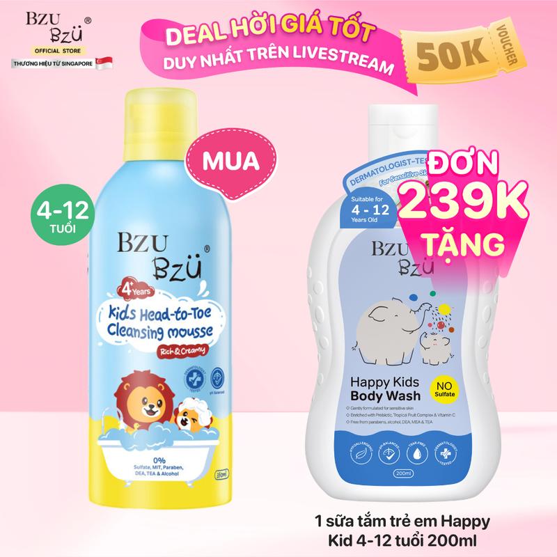  Sữa tắm gội toàn thân trẻ em tạo bọt Bzu Bzu Kids Head To Toe Cleansing Mousse 350ml 