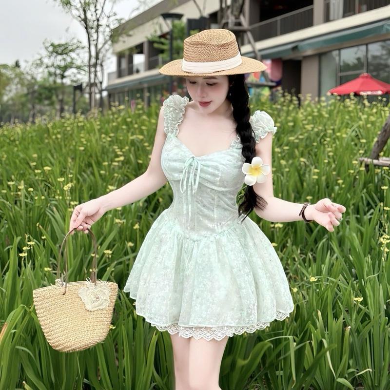 Pk87 Váy Dây Viền Bèo Xoè Bồng Ren ảnh thật tôn dáng nữ tính ,38-54kg SzS M