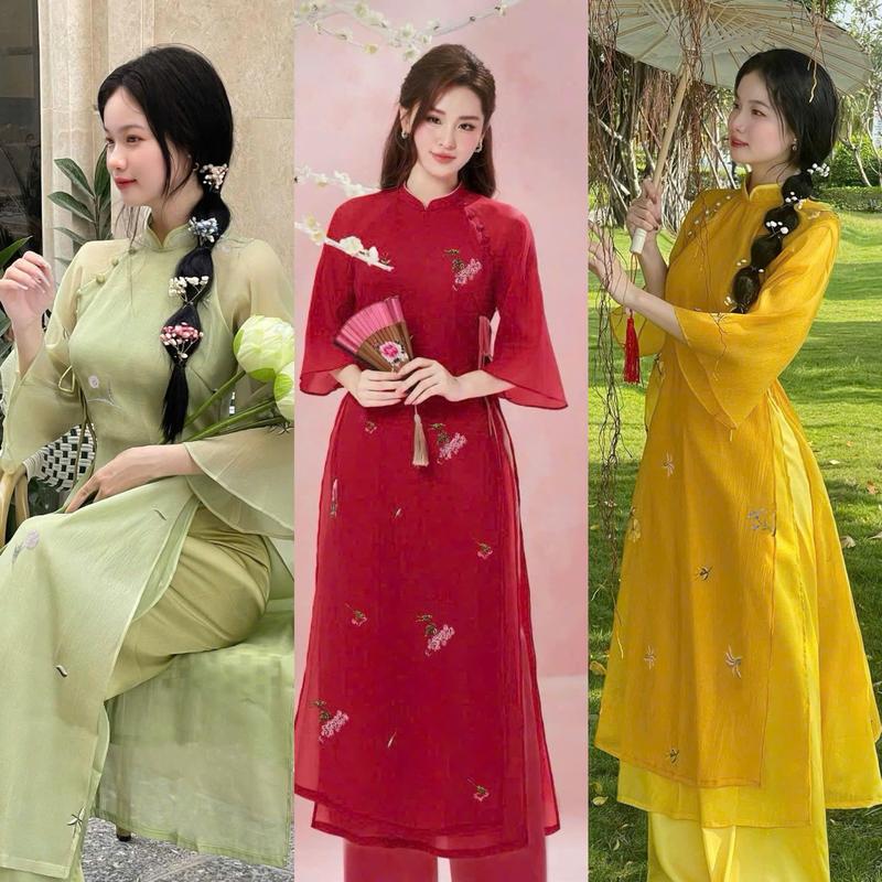 Áo Dài Nữ Thiết Kế EMME V1940 Form Suông Chiết Eo 4 Tà Cổ Đứng Tay Lửng Hoa Thêu Cách Điệu Kèm Quần Lụa - Thanh Tự