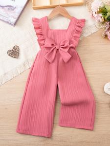 Pantalón de verano para niñas, con dobladillo en el hombro y lazo lateral plisado, pierna ancha y holgada, estilo casual para juego diario, 1–6 años