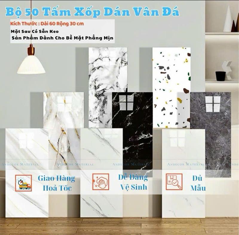 Combo 50 tấm dán xốp phủ pvc Vân đá keo sẵn Kt 30*60cm siêu bóng