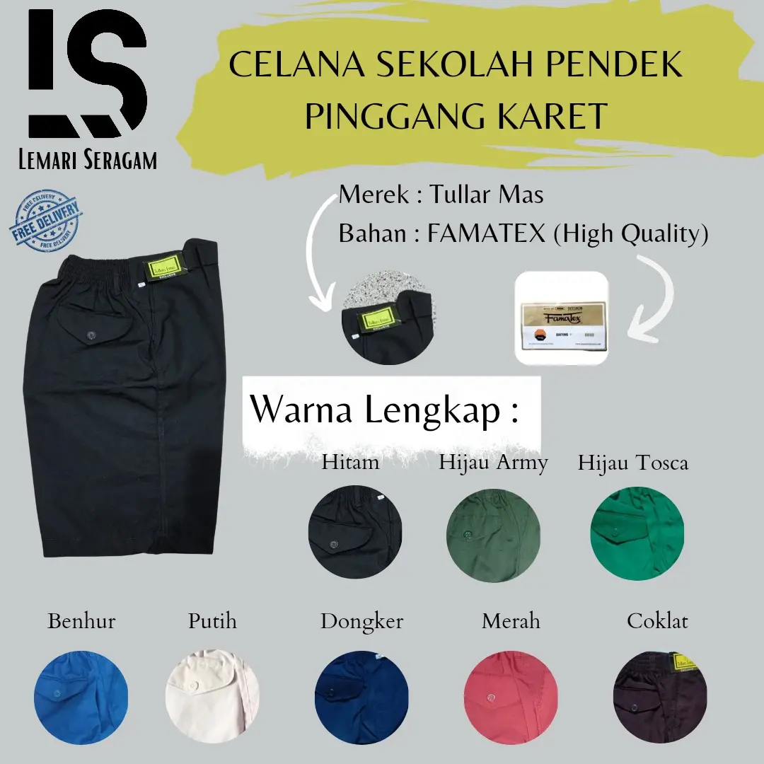 Seragam Sekolah Celana Pendek Pinggang Karet Warna Hitam,Hijau Army,Hijau Tosca,Benhur,Putih,Dongker,Merah,Coklat Kain dari bahan famatex