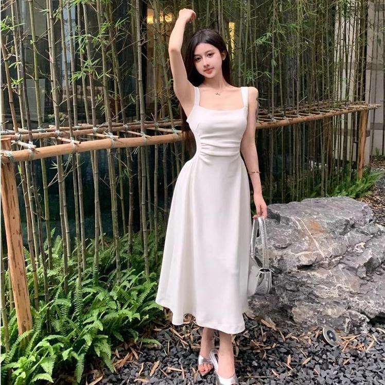 25009 đầm trắng cúp ngực 2 dây trễ vai pháp dự tiệc maxi dáng dài đầm nữ tiệc cưới sang chảnh