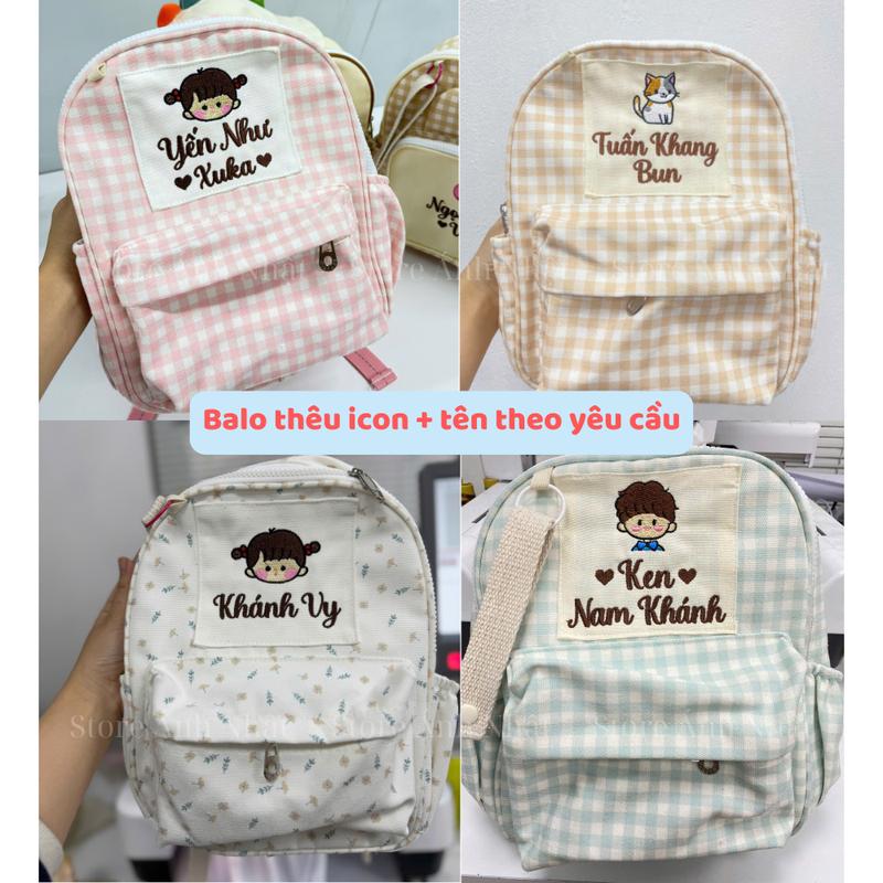 THÊU TÊN Balo Kẻ Caro Thêu Tên Theo Yêu Cầu Cho Bé Trai Bé Gái Balo 2 Ngăn Thêu Tên Phong Cách Hàn Quốc