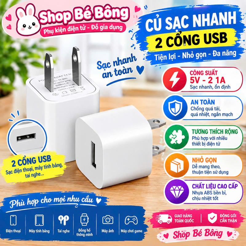 Bộ Củ Sạc USB 5V-1A – Chân Cắm Dẹt, Nhỏ Gọn Tản Nhiệt Tốt .Tiện Lợi, Giá Tốt