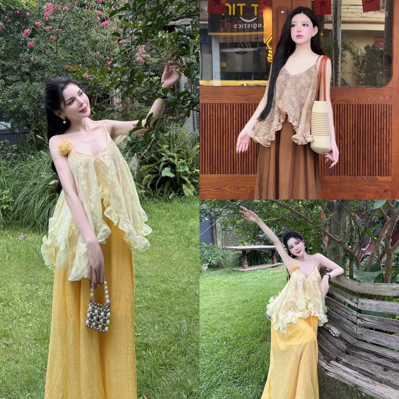 E52 Váy liền tơ hoa bèo phói chân váy xoè dài