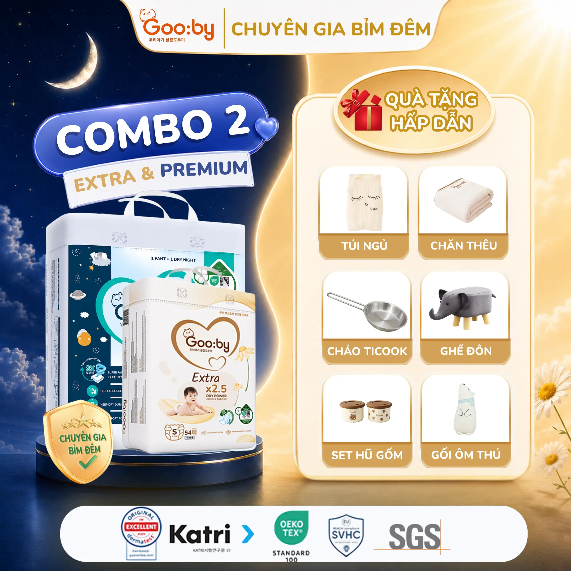 [Combo 2]Tã/bỉm Gooby Ngày/Đêm mềm mại, an toàn, siêu thấm hút size NB/S/M/L/XL/XXL/XXXL cho bé từ 4kg - 35kg[Daily]