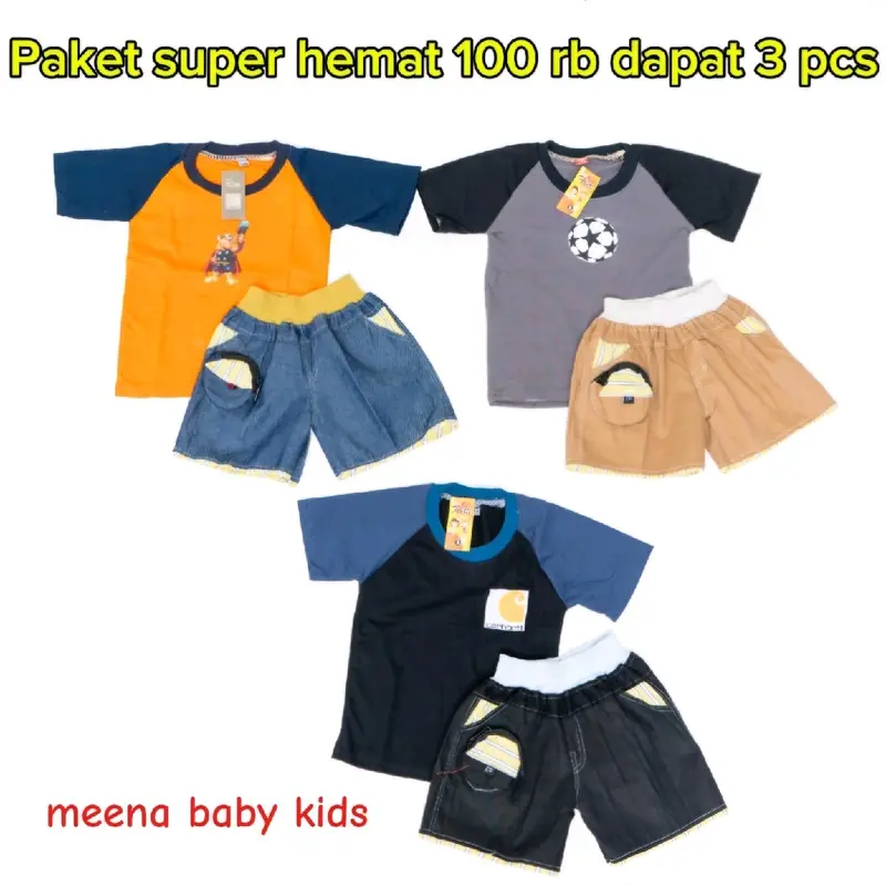 Promo setelan anak 100 rb dapat 3 picis yang trendy terdiri dari kaos dan celana yang nyaman,stelan ini terbuat dari bahan katun lembutt berkualitas sehingga memberikan rasa nyaman bagi sibuah hati 0