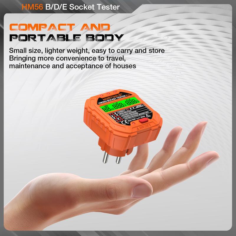 Product Introduction of Penguji Soket, HOMTOOLS, HM56E, Pencari Kebocoran Elektrik, dengan Paparan Voltan, Penguji Alur Keluar 48V-250V, Pengesan Voltan Kekutuban Litar Elektrik Automatik, Pencari Pemutus 32