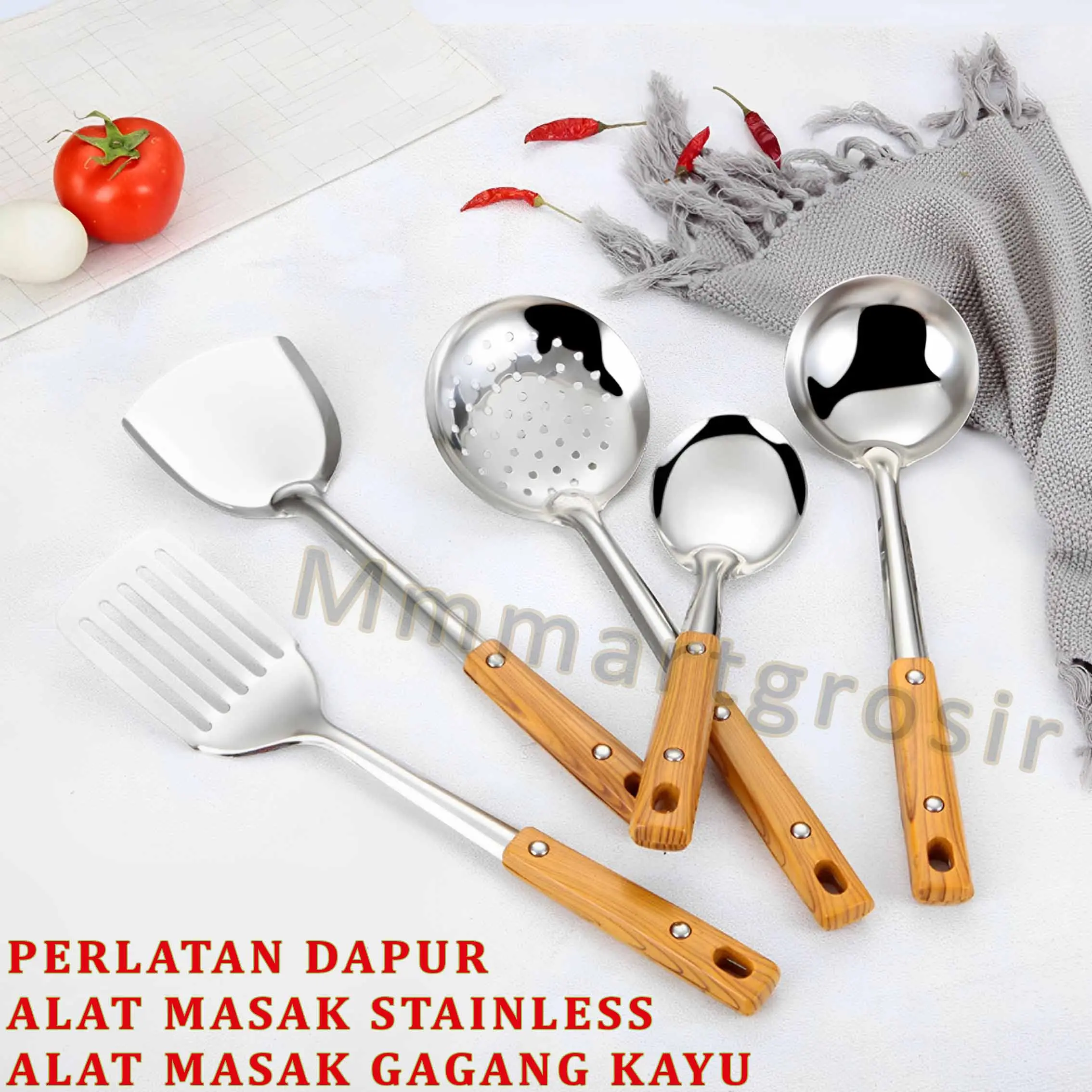 spatula sutil Peralatan Dapur / Alat Masak Stainless / Peralatan Masak Gagang Kayu Sendok Steel Kitchenware