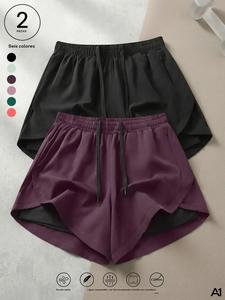 Shorts deportivos A1 para mujer de cintura alta, 2 en 1 para correr y tenis, ligeros y transpirables, tejido plano, con forro incorporado, bolsillo oculto con cremallera, cintura elástica con cordón, secado rápido, ideales para gimnasio y entrenamiento.