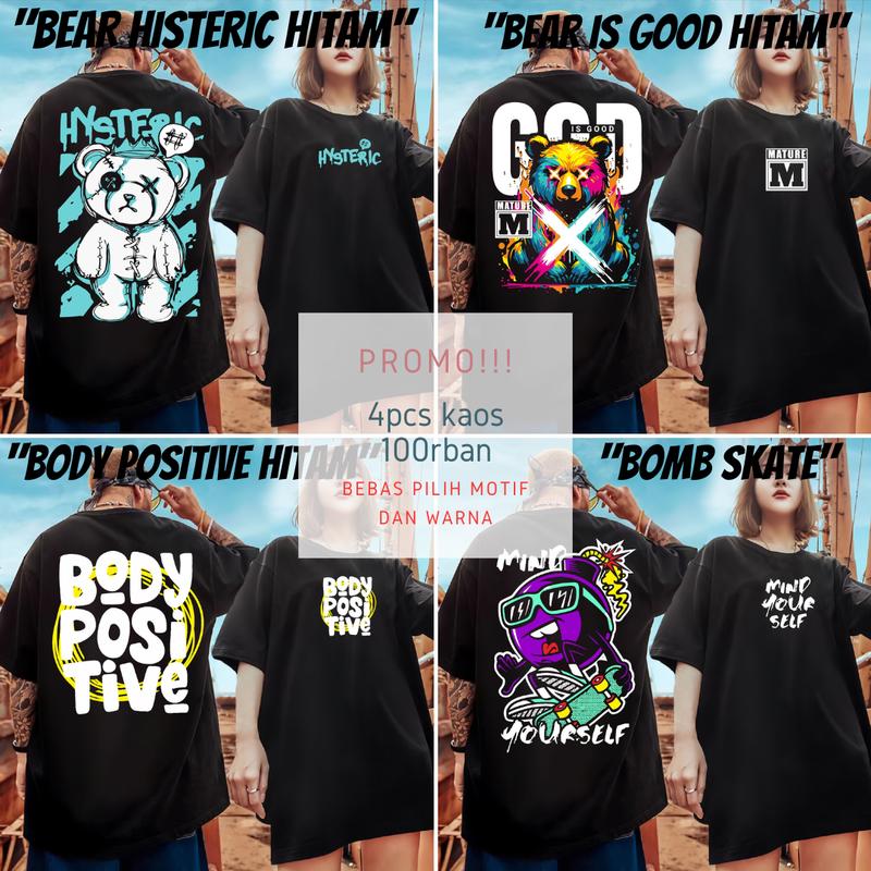 PAKET 4PCS 100RIBU UNISEX BISA CEWE COWO BEBAS PILIH MOTIF DAN WARNA 100% KATUN Combed Distro Nyaman Motif 4