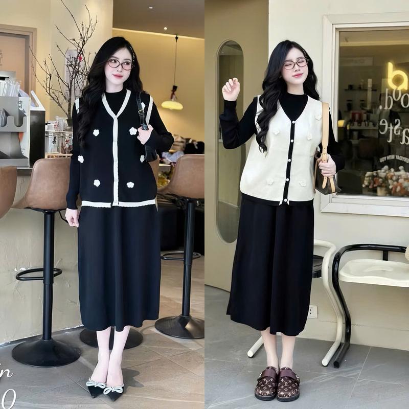 Set Váy Bầu babydoll Kèm Áo Gile Rời Hoa Nổi Xinh Xắn . Len QC cao cấp dày đanh mịn V268
