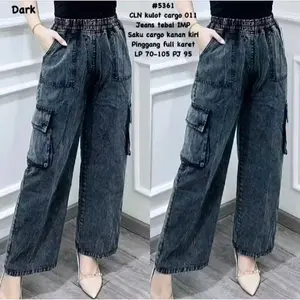 Celana Kulot Cargo Panjang Wanita Jeans Full Pinggang Karet High Waist - Standar Jumbo Katun Denim Soft Fit Nyaman Anti Begah - Kantong Cargo Kanan Kiri
