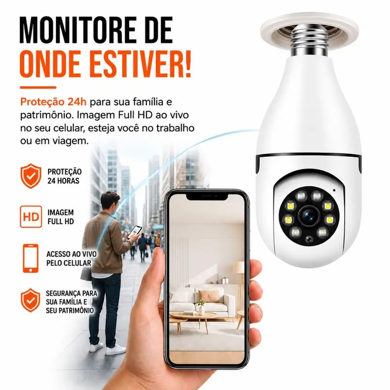 Câmera de Segurança Wi-Fi 360° Lâmpada com Visão Noturna